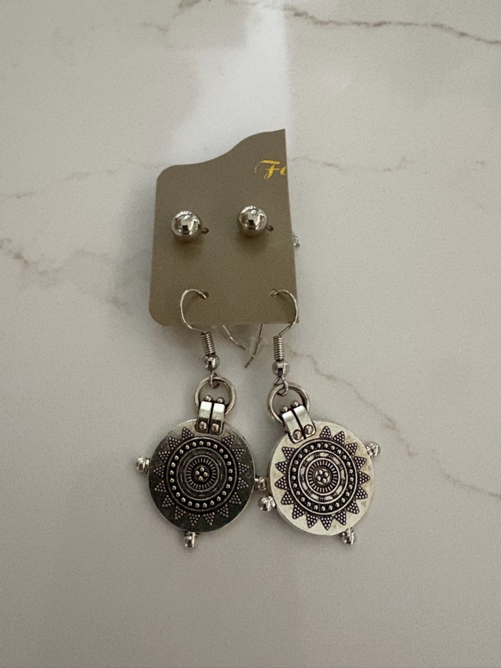 Boho Silver Sunburst Drop Earrings Set